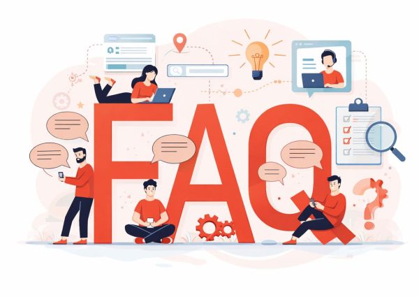 Web development FAQ concept with users accessing support and information on website services